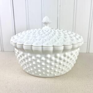 White Hobnail Lidded Bowl, Decorative Bowl with Scalloped Edge, Vintage Inspired